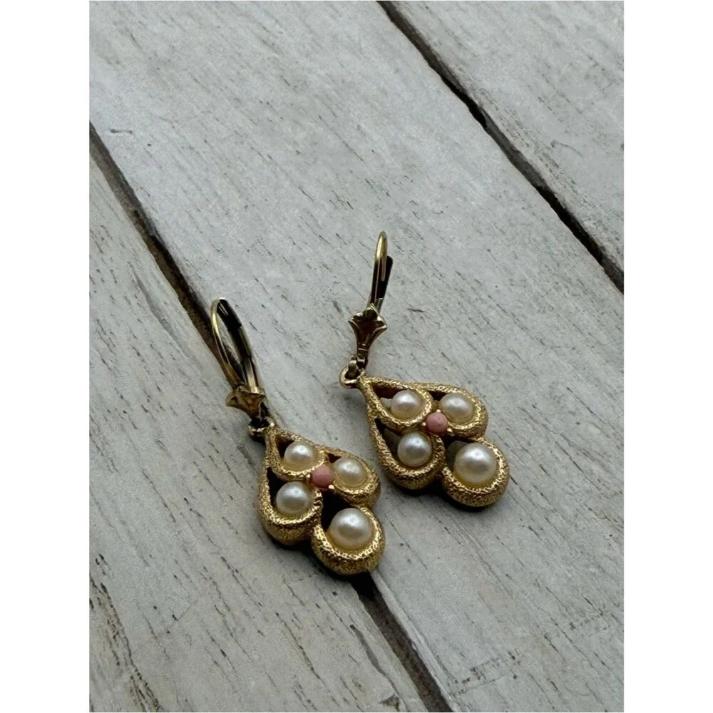 Avon Gold tone Pearl Drop Earrings with Pink Accent - Women's Jewelry